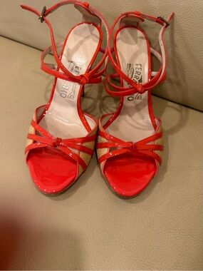 Salvatore Ferragamo Red Patent & Natural Woven Strappy Heels